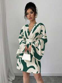 Vestido casual y elegante de vacaciones para mujer con manga larga fruncida, cintura ceñida y estampado floral con espalda recogida - Multicolor 2 - Ver 3