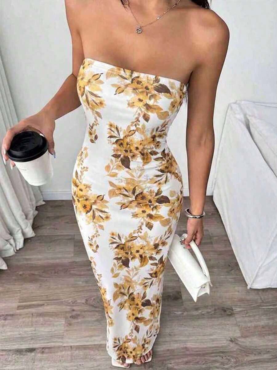 Vestido midi ajustado bandeau con estampado floral, estilo de vacaciones en la playa para mujer - Multicolor 11 - Ver 1