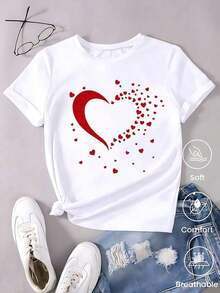 100% Cotton Women's White T-Shirt With Creative Red Heart Confetti Graphic, Romantic Aesthetic Style Short Sleeve T-Shirt With Small Hearts, Sweet Top For Valentine's Day, Fashionable Casual Blouse - 白色 - 查看 5