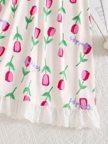 Summer Girls' Tulip Print+Bow Decoration Bubble Short Sleeve Sleeping Dress With Gentle/Fresh Girlish Atmosphere,Soft Fabric,Girls' Little Fresh Dress - Pink - View 7