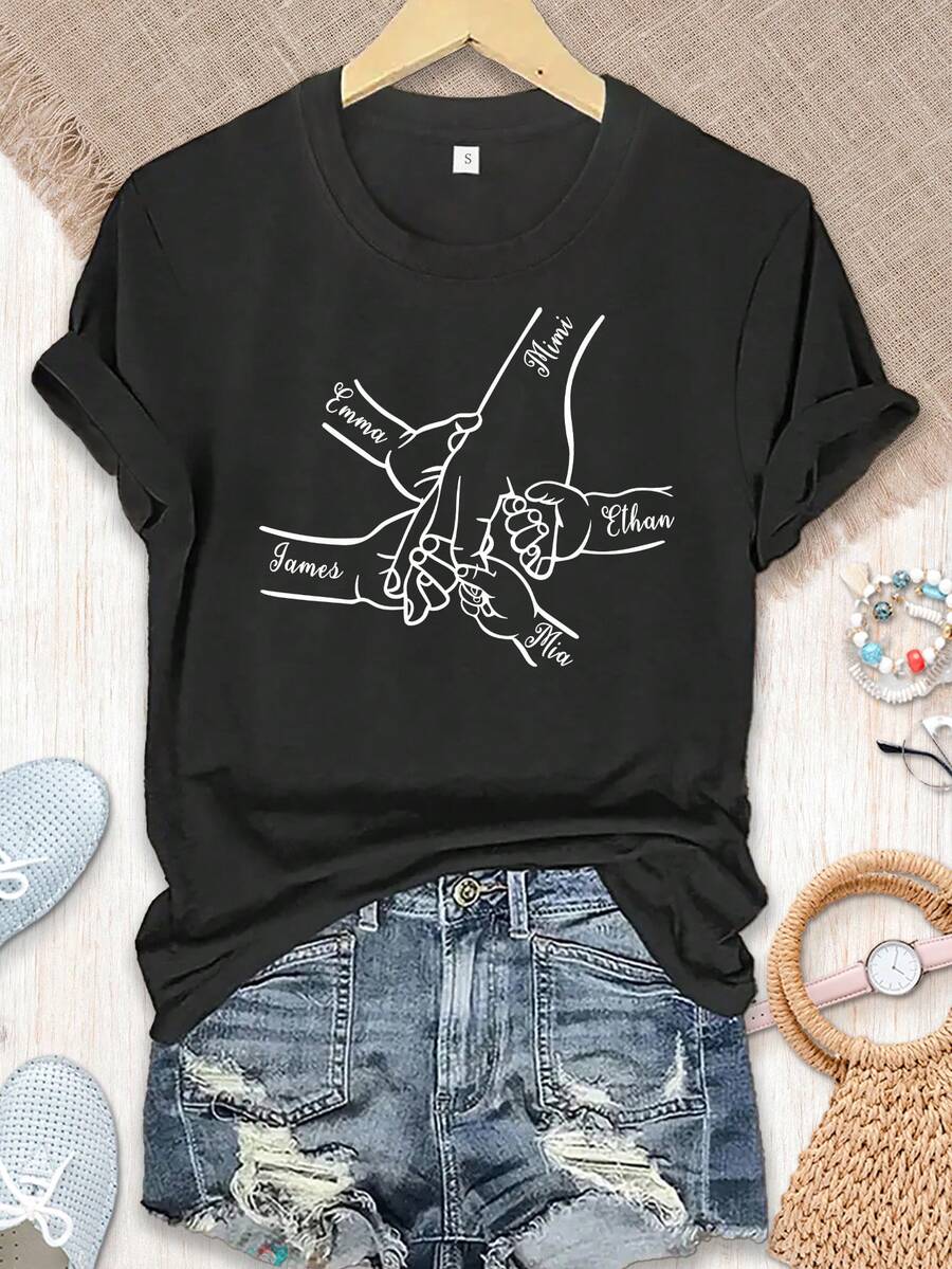 Personalized T-Shirt With Name For Mother's Day/Father's Day, Personalized T-Shirt With Hands And Names For Dad/Mom/Grandma..., T-Shirt For Mother's Day, T-Shirt For Father's Day, Personalized Gift For Family, Gift From Daughter/Son, Gift T-Shirt For - 黑色 - 查看 1