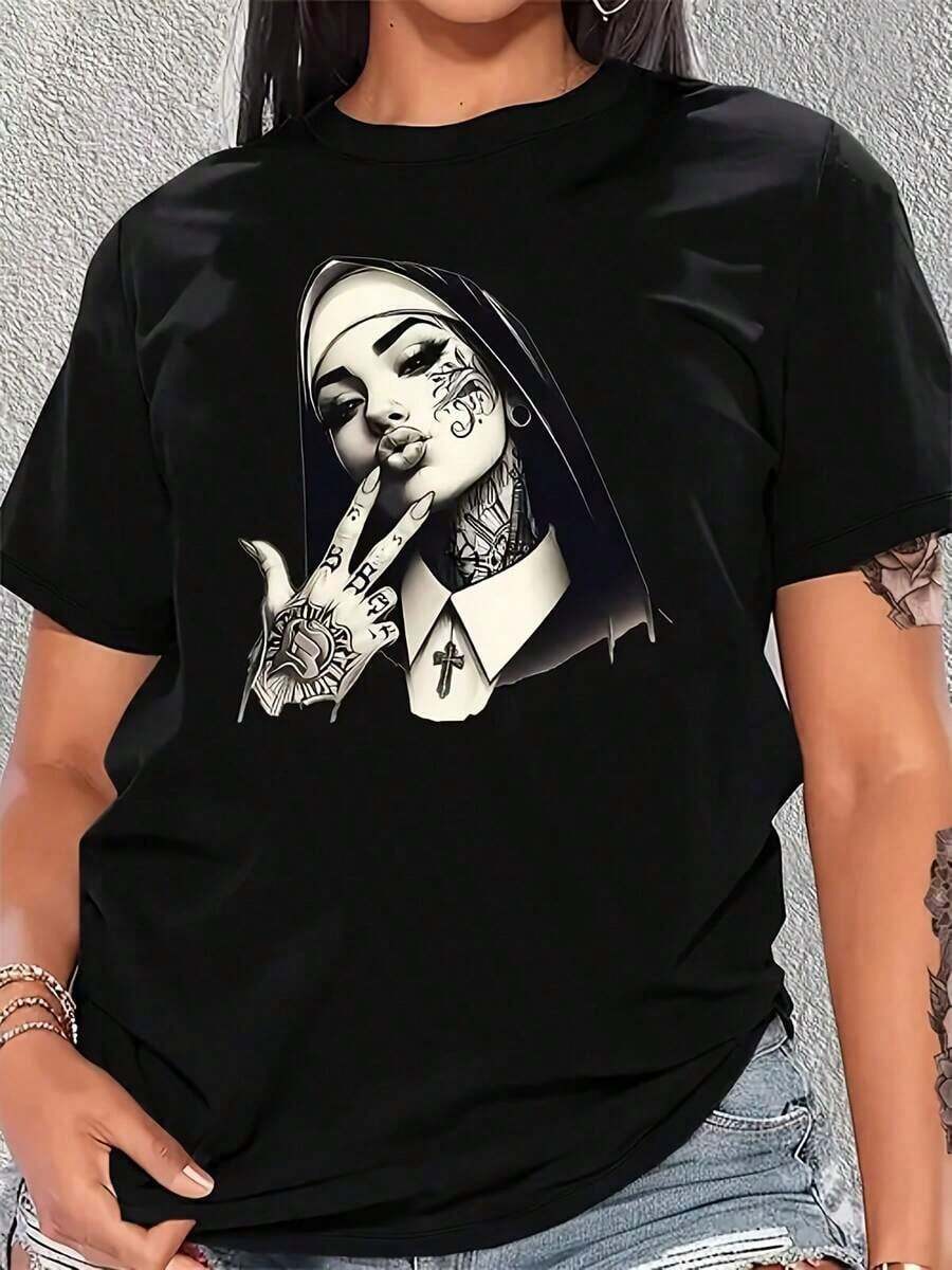 Suave Camiseta de Mujer con Estampado Gráfico de Monja Gótica, Manga Corta, Cuello Redondo, Algodón, Top de Moda Urbana, blusa casual mujer, blusas para mujer, playeras de mujer algodón - Negro - Ver 1