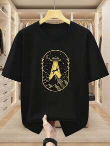Camiseta de Manga Corta con Cuello Redondo para Hombres Talla Grande, 100% Algodón, Estampado de Alienígenas, OVNIs y Excursionistas, Cómoda y Casual para el Verano, TALLA GRANDE - Negro - Ver 2