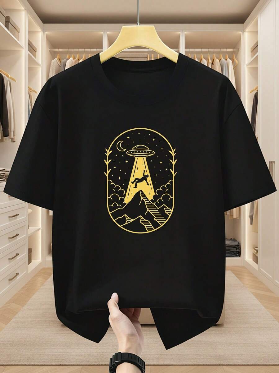 Camiseta de Manga Corta con Cuello Redondo para Hombres Talla Grande, 100% Algodón, Estampado de Alienígenas, OVNIs y Excursionistas, Cómoda y Casual para el Verano, TALLA GRANDE