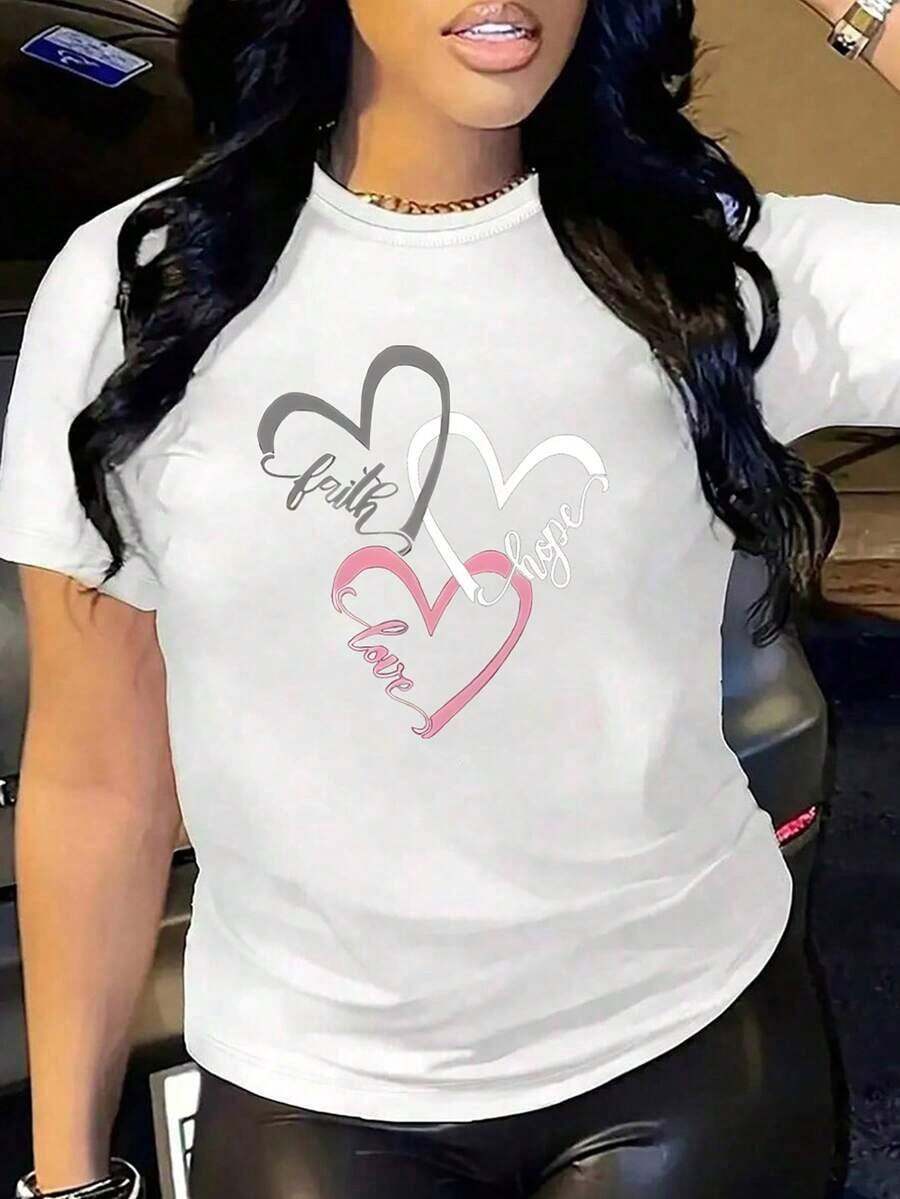 Women's Round Neck T-Shirt With A Heart Print Symbolizing Faith, Hope, And Love. It Features Short Sleeves, A Relaxed Fit, And Is Casual And Versatile, Making It Suitable For Women. This Women's Shirt, Printed With Three Heart Motifs Symbolizing Faith, Hope, And Love, Has Short Sleeves And A Relaxed Fit, Perfect For Everyday Casual Wear. This Loose-Fitting T-Shirt With A Faith And Heart Motif Is Suitable For Women. It Has Short Sleeves, A Unique Print, And Is Casual And Versatile. - 白色 - 查看 1