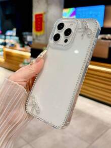 1件大孔透明TPU水鑽蝴蝶結手機殼，適用於Apple，高清透明背殼手機殼，適合 11/12/13/14/15/16/16 Pro Max/18/18 Pro/18 Pro Max，透明硬殼保護套，高級手感，兼容 17/17 Pro/17 Pro Max/Air/XS/XR/XS Max/11 Pro Max - 透明2 - 查看 2