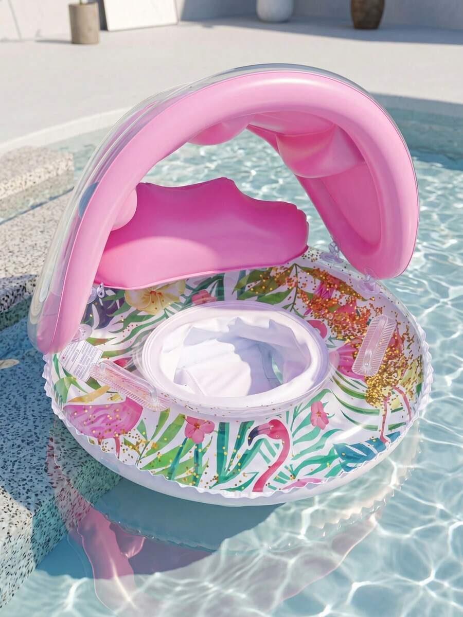 Pink Flamingo Pool Float With Canopy, 3-6 Years Old Children's Inflatable Swim Seat, UV Protection Water Floating Ring, Cute Summer Beach Gear - Multicolor - View 1