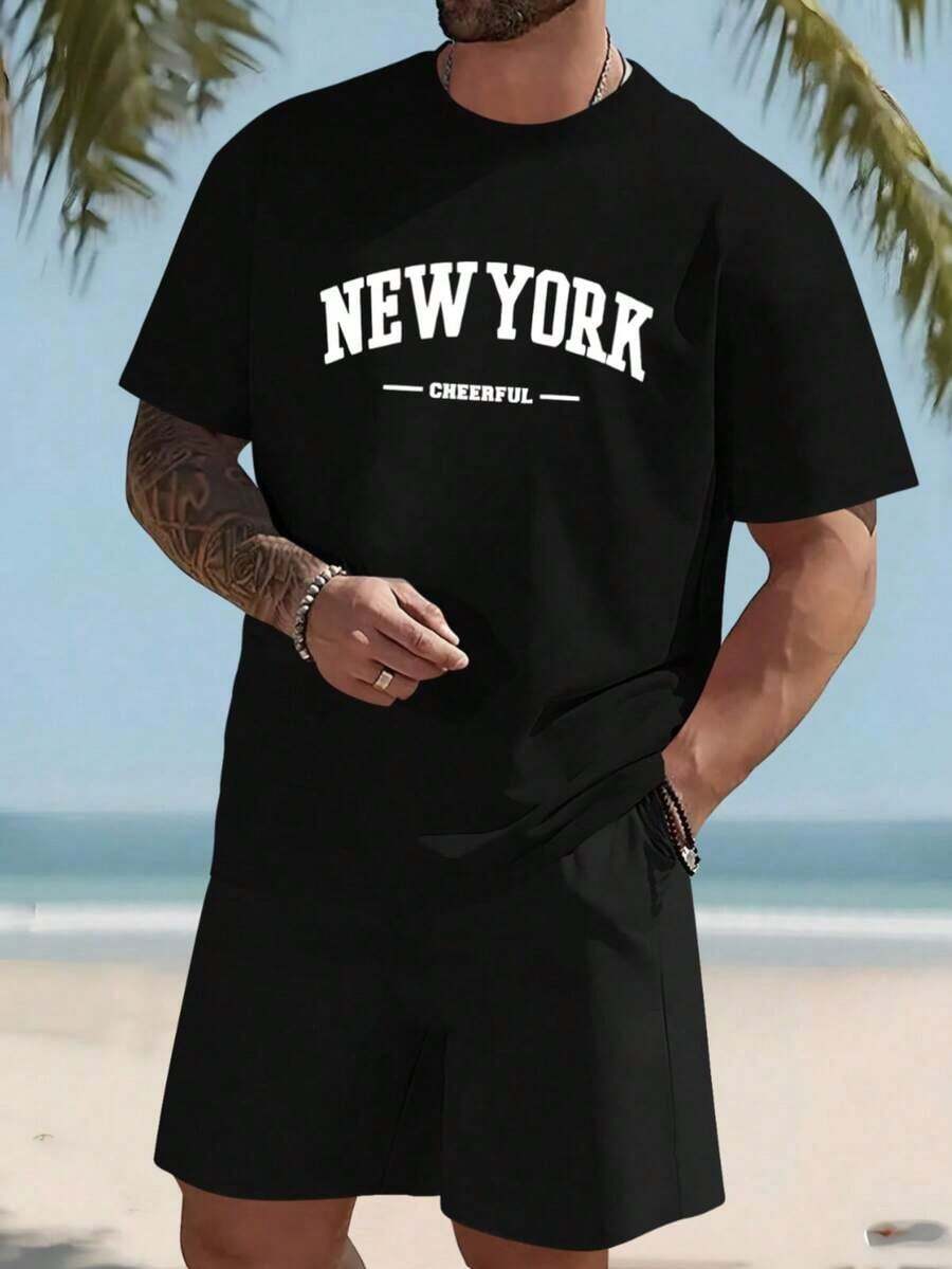 No es un conjunto a juego, los pantalones son solo para referencia de combinación. Hecho de 100% algodón puro, transpirable y agradable para la piel. Cuello redondo clásico, corte ajustado y favorecedor que se adapta a todo tipo de cuerpo. Diseño estampado moderno, minimalista y elegante. Estilo unisex, ideal para conjuntos de pareja. Perfecto para el trayecto diario, citas informales y moda urbana, versátil y atemporal. - Negro - Ver 1