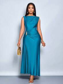 Vestido elegante de mujer con decoración de metal de unicolor, ajuste delgado, adecuado para el uso diario, compras, fiestas y reuniones - Agua verde azul - Ver 7