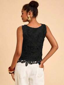 Blusa casual de mujer de cuello redondo sin mangas de color marrón, ideal para vacaciones, verano, primavera, fiestas, playa, San Valentín, disfraz de carnaval, elegante, floral, carnaval, de primavera a verano, fiesta, invitada de boda, cumpleaños, estilo mexicano bohemio para mujer - Negro - Ver 2