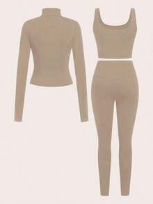 Conjunto deportivo de 3 piezas para mujer: Cárdigan de punto con cremallera + Camiseta + Pantalones en color negro - Caqui - Ver 2