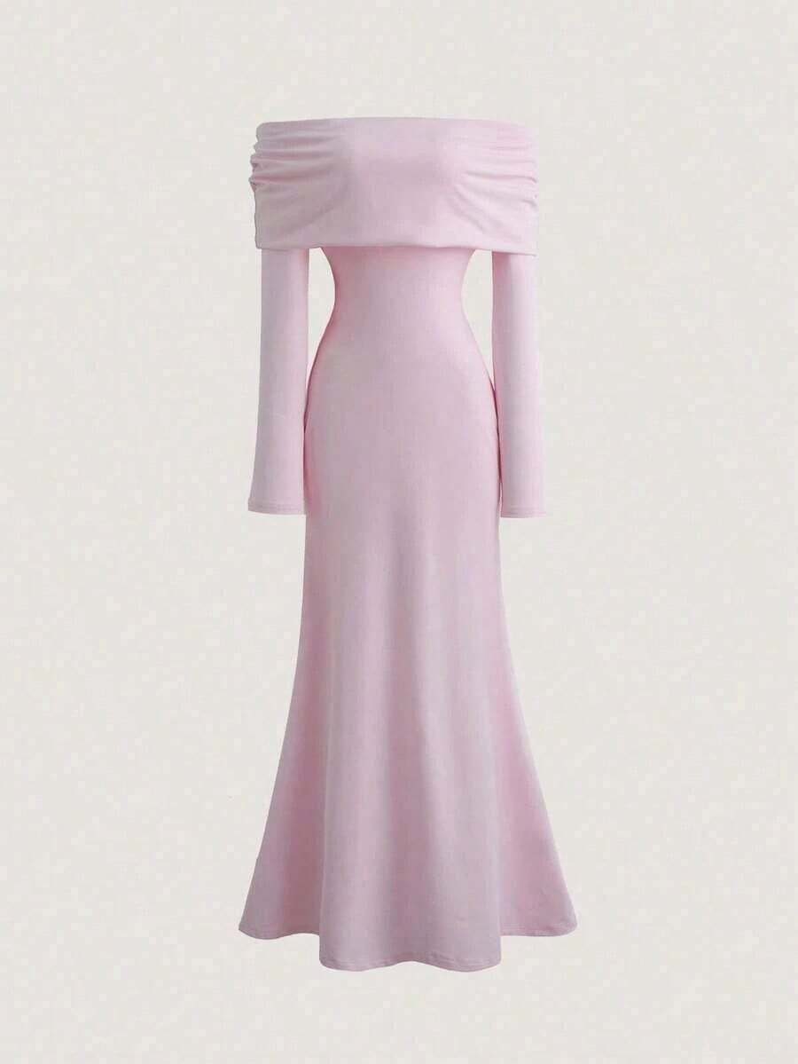 Vestido largo de punto acanalado con manga larga, cintura ceñida, hombros descubiertos, espalda descubierta, doblez de cola de pez, elegante y sexy, color blanco, para otoño/invierno, atuendo de mujer maxi - Rosa - Ver 1