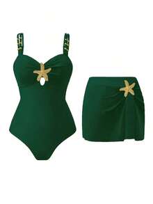 Swim Oasis 1 pieza Traje de baño de una sola pieza casual de vacaciones con decoración de pentágono lindo para mujer - Verde 2 - Ver 5