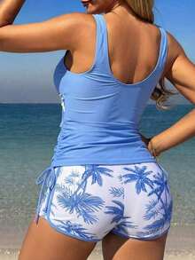 Swim Lushoire Traje de baño de mujer tipo bikini de primavera con pantalón tipo boyshort, estampado tropical de plantas, tirantes de soporte, para vacaciones en la playa - Celeste - Ver 2