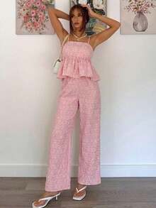 Conjunto de 2 piezas de top de tirantes y pantalones de estilo jacquard elegante para mujer, para verano - Rosa - Ver 2
