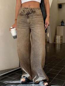 Pantalones vaqueros de pierna recta con diseño de pretina de talle bajo para mujer - Marrón 2 - Ver 7