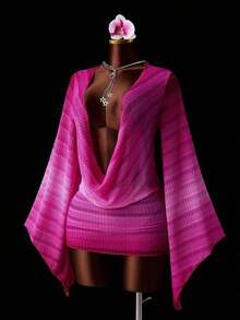 Zestiva 1 pieza Vestido de playa para mujer, tela transparente degradada fucsia, escote pronunciado drapeado, mono ajustado, manga larga corte holgado, estilo casual de resort de verano sexy - Rosa Fucsia - Ver 1