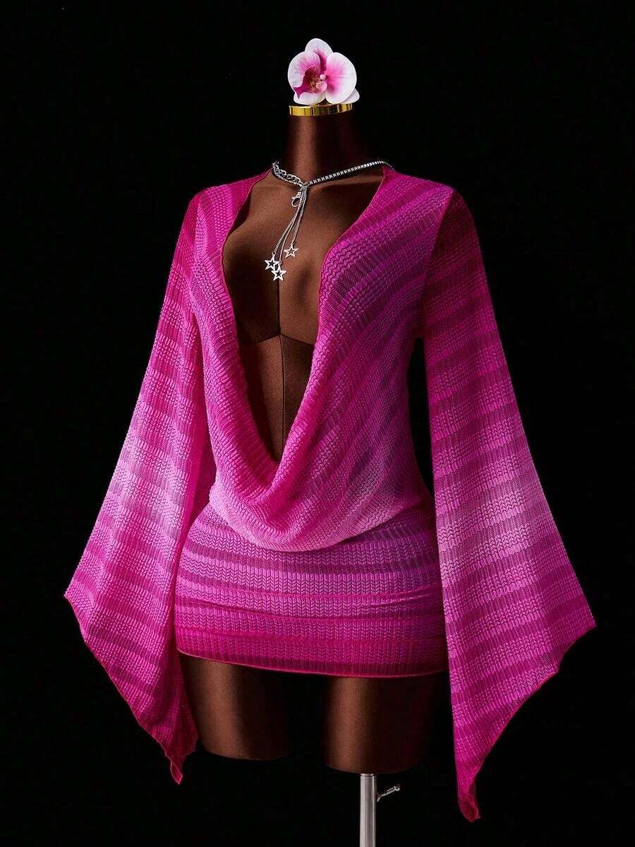 Zestiva 1 pieza Vestido de playa para mujer, tela transparente degradada fucsia, escote pronunciado drapeado, mono ajustado, manga larga corte holgado, estilo casual de resort de verano sexy - Rosa Fucsia - Ver 1