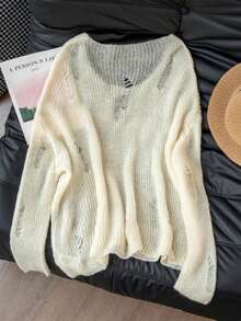 Suéter sexy de color albaricoque con diseño hueco y corte en el hombro, adecuado para salir, citas, estar en casa y para ir y venir, otoño/invierno primavera - Albaricoque - Ver 10