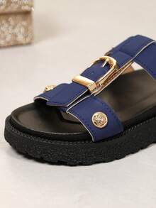 New Fashion Metal Buckle Decor, Open Toe, Platform Thick Sole Slippers, Fashionable Slides, Comfortable Non-Slip, Versatile, Easy To Clean, Beach Sandals, Suitable For Daily Wear - Blue Leather - View 5