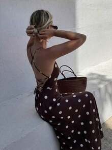 Vestido de verano elegante y casual para fiesta, con lunares, recortes y retorcido, ideal para vacaciones en la playa - Cafetería - Ver 2