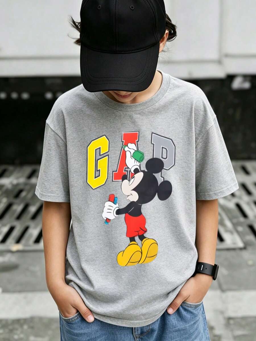 Disney Mickey Mouse Boys Crew Neck Short Sleeve T-Shirt For Ages 2-14, Kids Casual Graphic Tee With Colorful Mickey Print, Ideal For Daily Play & School, Express Delivery - Xám - Xem 1