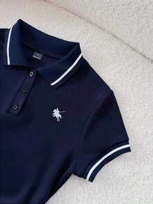 de 2 piezas de camiseta con cuello y fruncido casual y falda A-line bordada, azul marino, para primavera y verano - Azul marino - Ver 5