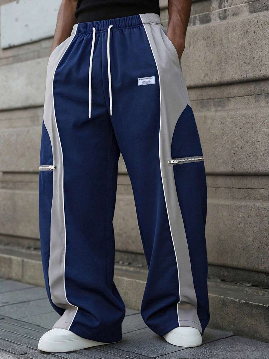 Men's Loose Straight Leg Casual Pants With Contrast Color Stripes, Drawstring Waist, Zipper Decoration, Wide Leg Trousers With Letter Label, Suitable For Casual, Outdoor, Evening Date, Summer - Navy Blue - View 1