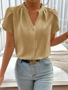 Blusa de trabajo con cuello en pico y mangas de pétalo de color blanco para mujer, blusas de manga corta - Marrón - Ver 4