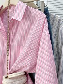 Camisa de manga larga con estampado de rayas, versátil y casual para vacaciones, para mujer - Rosa Pálido 2 - Ver 5