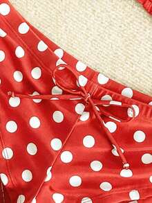 Nuevo conjunto de bikini con estampado de lunares sexy, espalda descubierta y lazo, con tirantes de espagueti para playa y piscina en vacaciones - Rojo - Ver 4