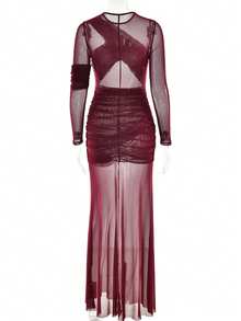 Vestido largo malla transparente manga larga plisado, corte ajustado estilo chic sensual moda - Burdeos - Ver 9