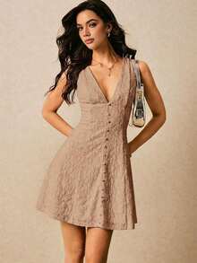 Vestido corto de mujer sin mangas de cuello en V profundo de unicolor minimalista - Caqui - Ver 12