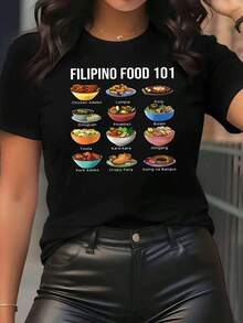 1 pieza clásica y versátil, camiseta de manga corta de algodón puro con estampado temático de comida para mujeres, ideal para usar en todas las estaciones. Estilo moderno - Negro - Ver 1
