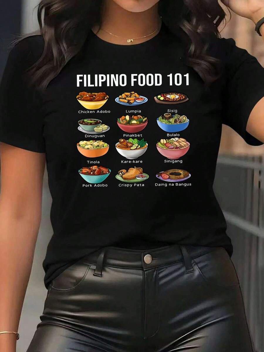 1 pieza clásica y versátil, camiseta de manga corta de algodón puro con estampado temático de comida para mujeres, ideal para usar en todas las estaciones. Estilo moderno - Negro - Ver 1