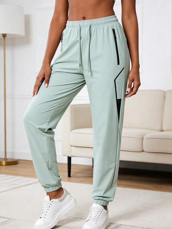 1pc Women's Summer Quick-Dry Drawstring Waist Zipper Pocket Tapered Sports Pants, Thin Outdoor Casual Jogging Trousers Winter