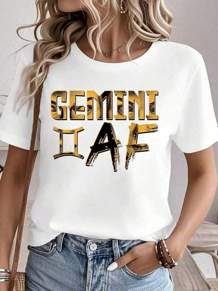 Camiseta 100% algodón con estampado del signo zodiacal Géminis, horóscopo, para cumpleaños, camisetas gráficas para mujer, tops de verano, camiseta de cuello redondo, ropa de mujer 100% algodón, conjuntos de ropa para mujer, ropa de otoño para mujer, tops para mujer, camiseta blanca. - Blanco - Ver 1