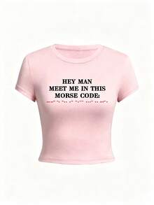 Playera ombliguera ajustada para mujer cuello redondo manga corta, modelo nuevo de verano con estampado de letras estilo americano, súper cómoda y muy de moda.Ideal para uso diario, salidas casuales y armar looks fáciles y atractivos para toda la temporada. FJE0 - Rosa - Ver 5