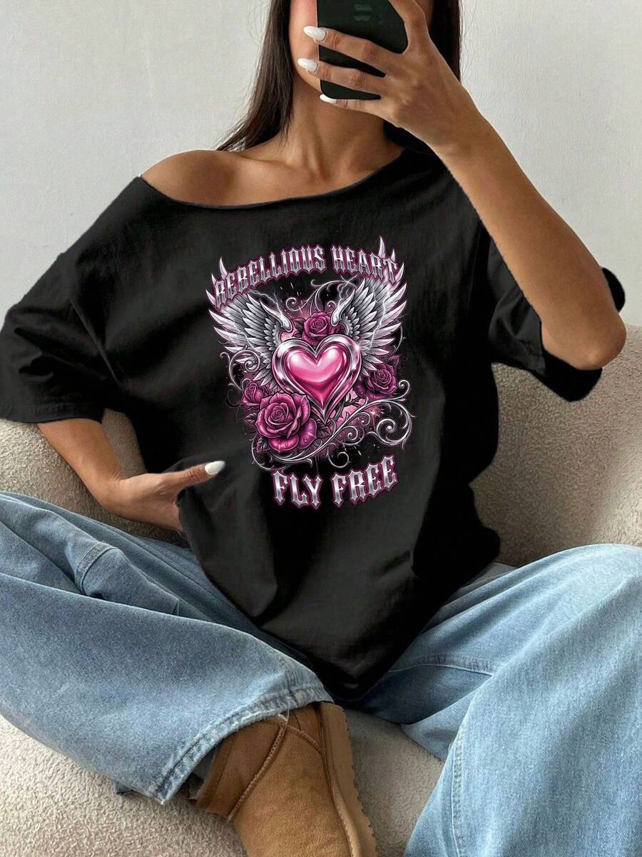 Talla Grande - Talla Grande - Talla Grande Corazón Rebelde Alas Plateadas Gótico Rosa Púrpura Gráfico 100% Hombro Suelto Estampado Camiseta Oversized Y2K Estilo Camisetas Gráficas Mujer Tops Verano Fuera del Hombro Top