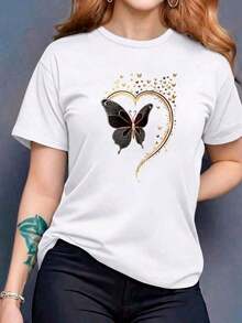 Printed T-Shirt With Butterfly Design, Outside The Outline Of A Heart And Small Butterflies, Printed Design, Colorful, Modern, Casual T-Shirt, Round Neck, Short Sleeve, Ideal To Wear To School Or Work, Loose, Fashionable, For Everyday Use. - 白色 - 查看 1