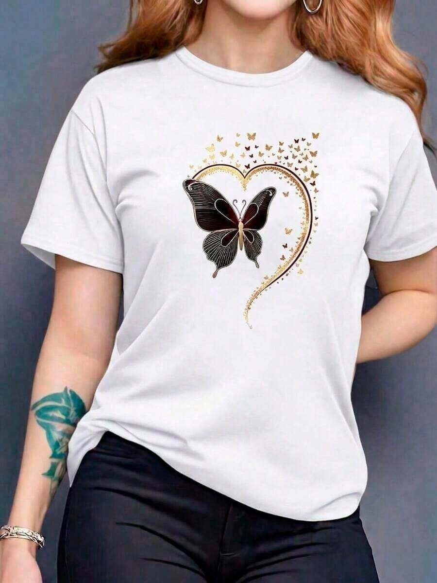Printed T-Shirt With Butterfly Design, Outside The Outline Of A Heart And Small Butterflies, Printed Design, Colorful, Modern, Casual T-Shirt, Round Neck, Short Sleeve, Ideal To Wear To School Or Work, Loose, Fashionable, For Everyday Use. - 白色 - 查看 1