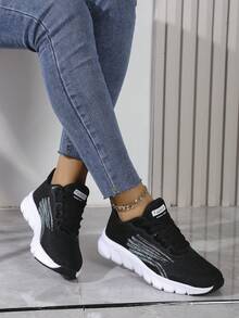 Women's Lightweight Fabric Striped Ruffle Decor Front Tie Non-Slip Elastic Sole Outdoor Sports Sneakers - Black - View 3