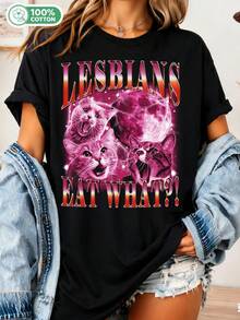 "What Do Lesbians Eat?" T-Shirt, Funny Cat T-Shirt, Pride T-Shirt, Lesbian T-Shirt, LGBTQ+ T-Shirt, Meme T-Shirt, Lesbian T-Shirt, Pride Month T-Shirt, Vintage T-Shirt - Black - View 1