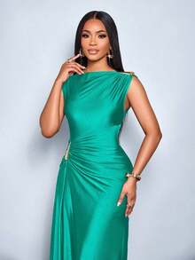 Vestido elegante de mujer con decoración de metal de unicolor, ajuste delgado, adecuado para el uso diario, compras, fiestas y reuniones - verde menta - Ver 5