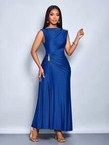 Vestido elegante de mujer con decoración de metal de unicolor, ajuste delgado, adecuado para el uso diario, compras, fiestas y reuniones - Azul marino - Ver 3