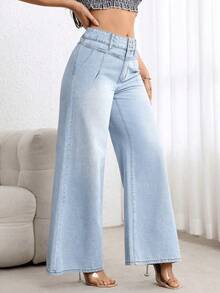 IDYLLIC Pantalones baggy Wide leg jeans mujer Vaqueros pantalón ropa casual lavada con agua cintura alta pantalones vaqueros pantalon de mezclilla dama pantalones cargo de mujer - Azul - Ver 4