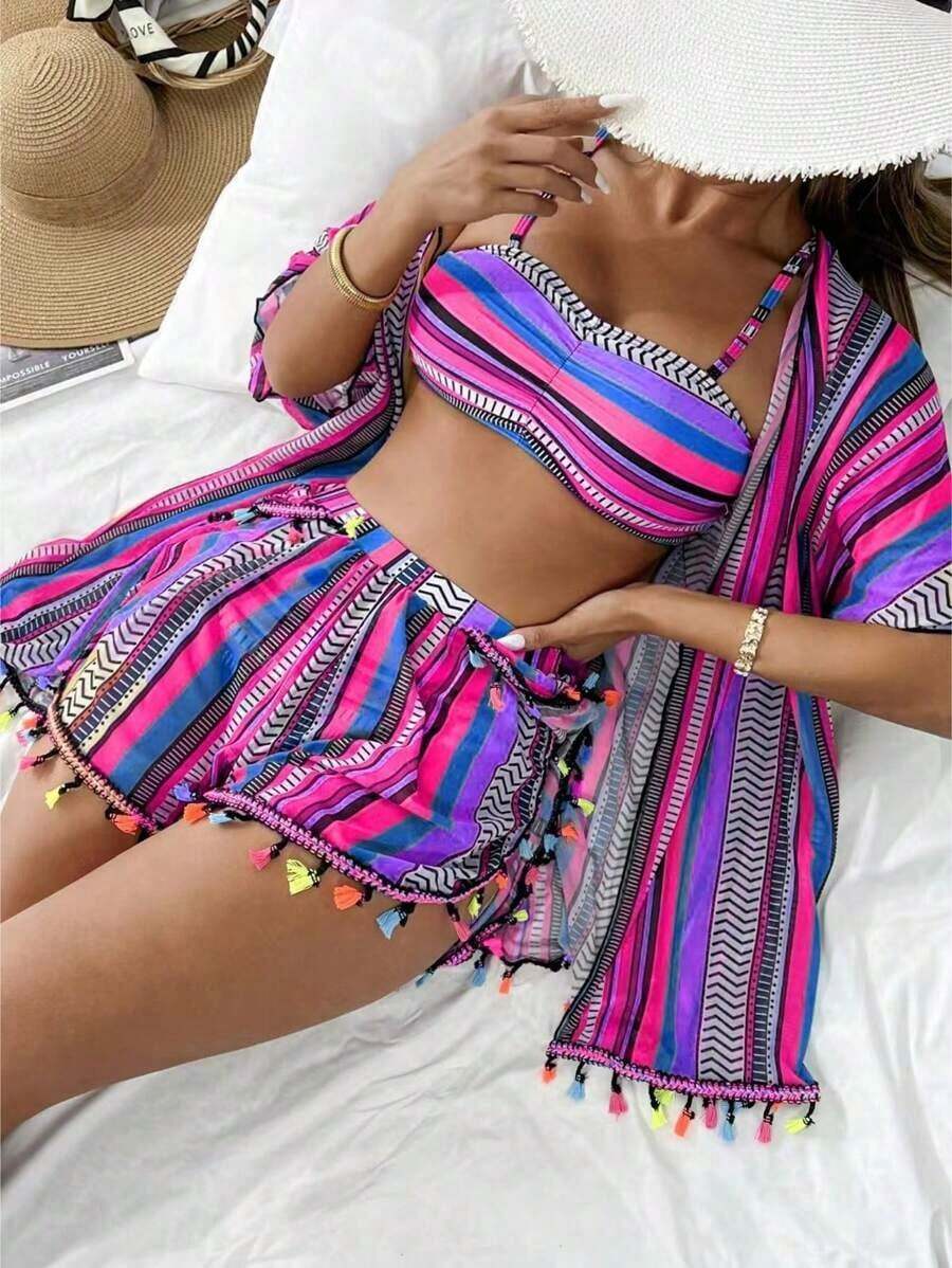4 piezas Conjunto de bikini con parte superior fruncida con estampado geométrico de moda y Bottom con estampado geométrico, cubrecostillas con flecos multicolor y shorts, conjunto de bikini de carnaval de verano, playa de verano - Morado - Ver 1