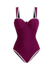 Swim Oasis Traje de baño de una pieza de color sólido + falda para mujer, conjunto de salida para primavera/verano - Burdeos - Ver 3
