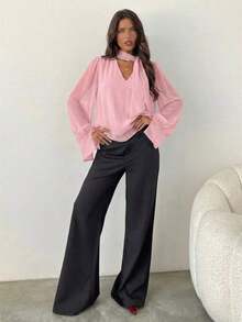 Blusa de mujer bohemia, romántica y elegante con cuello en V profundo, manga larga y lazo, para uso diario.Blusa elegante para mujer, ideal para primavera, el Día de San Valentín y salidas, en color blanco. - Rosa - Ver 3