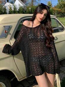 Cubrecuerpo de punto calado con hombros caídos para mujer, transparente y veraniego - Negro - Ver 7